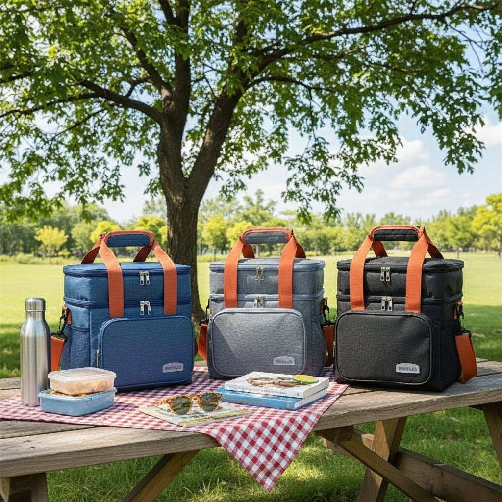 Double compartment insulated lunch bag with shoulder strap