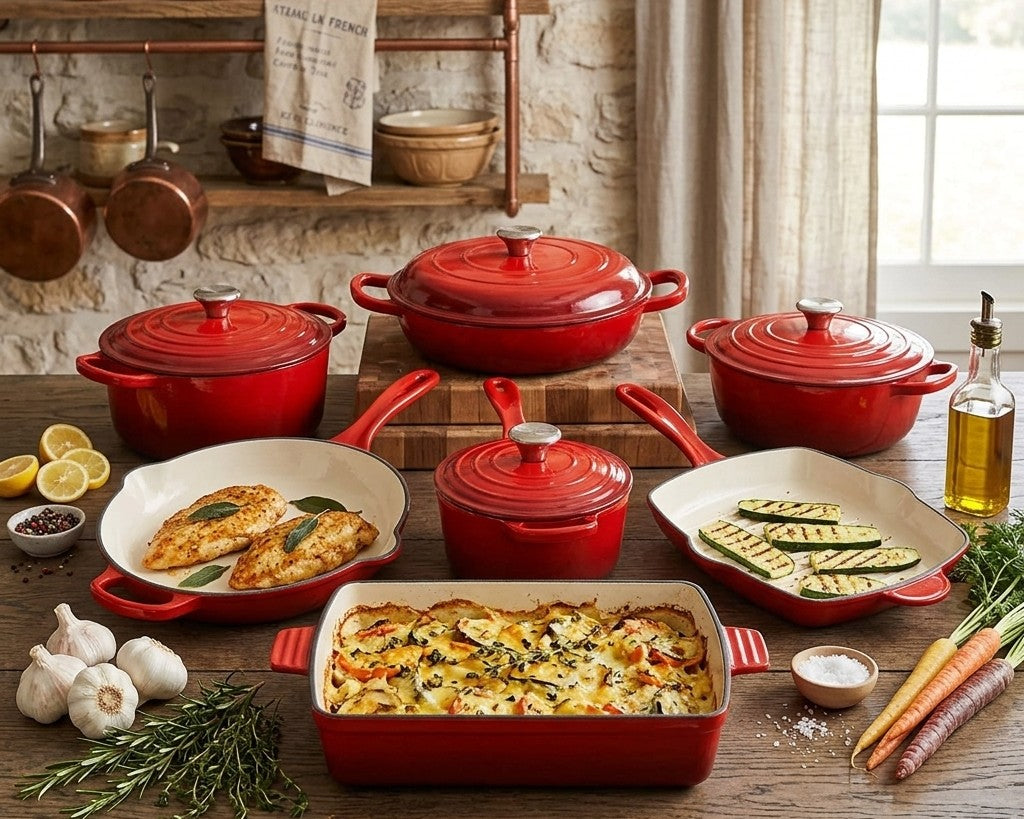 Multi-color cast iron cookware set with enamel finish, including Dutch oven, casserole, and skillet for versatile cooking. 