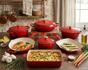Multi-color cast iron cookware set with enamel finish, including Dutch oven, casserole, and skillet for versatile cooking. 