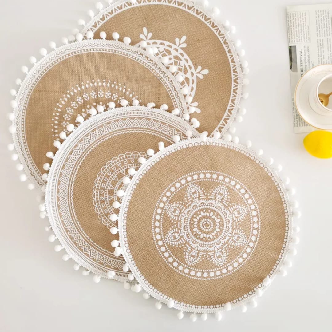 6Pcs Boho Woven Round Placemats with Tassels