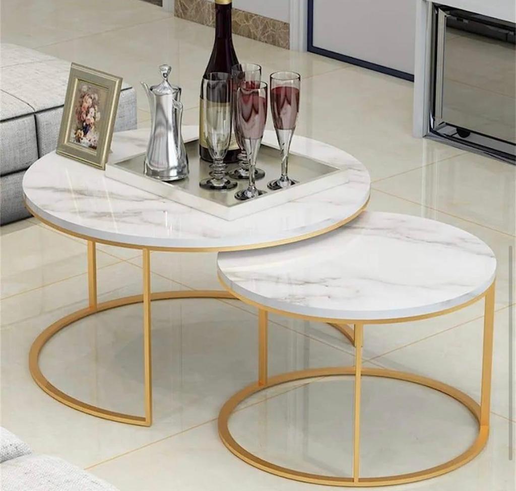 White glass marble nesting tables with gold metal legs in two sizes