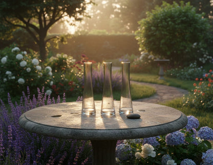 Three-piece slim neck crystal clear glass vase set for modern home décor.