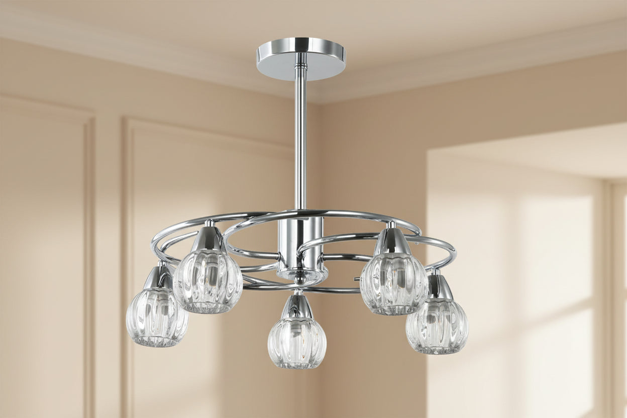 Silver and white ceiling pendant light with five E14 bulbs and decorative glass drops for elegant indoor lighting