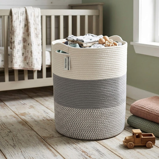 Woven cotton rope basket measuring 35x46cm for stylish home storage and organization.