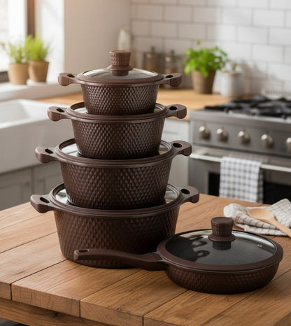 Brown ten piece die cast cookware set