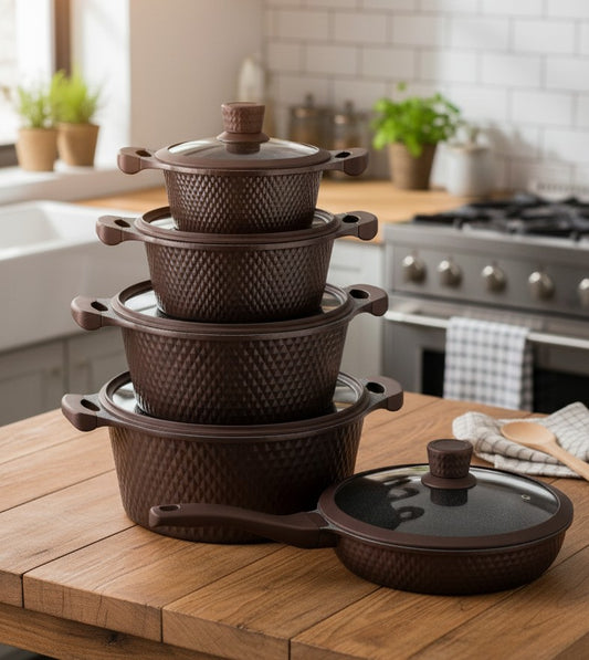 Brown ten piece die cast cookware set