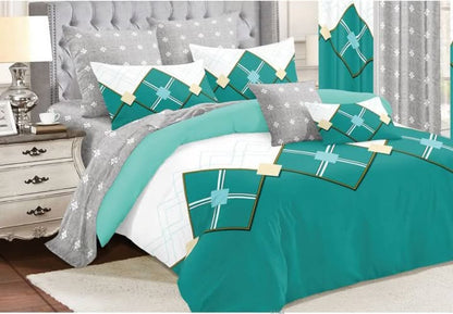 6×6 duvet cover set with fitted bedsheet, four pillowcases, and matching curtains