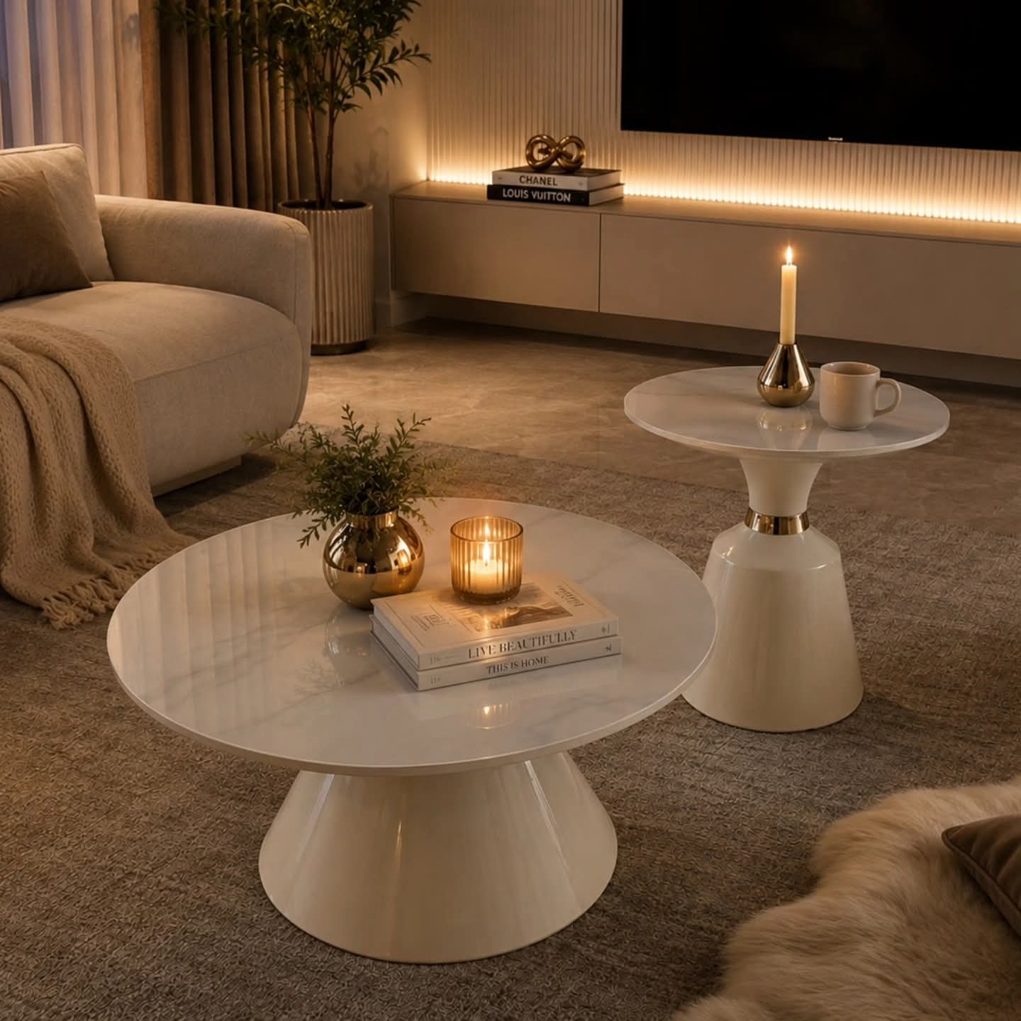 Gemelli Colllection 2 in 1 marble inspired coffee table set white and gold luxury nesting tables glossy marble look living room modern coffee tables contemporary home décor furniture