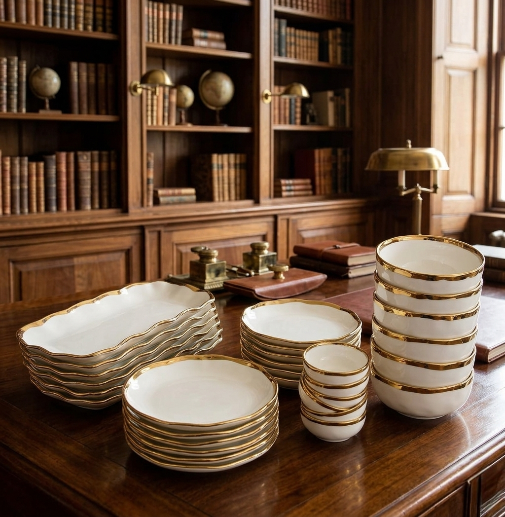 30-Piece white ceramic dinner set with gold rim for elegant dining