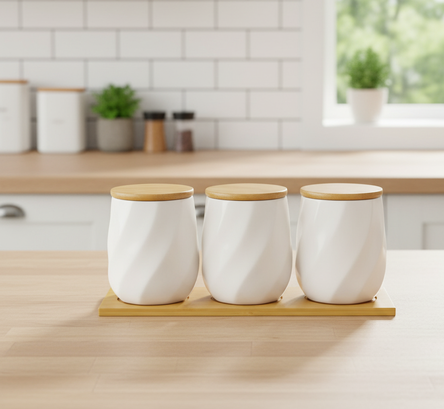 3Pc Ceramic Canister Set With Bamboo Tray