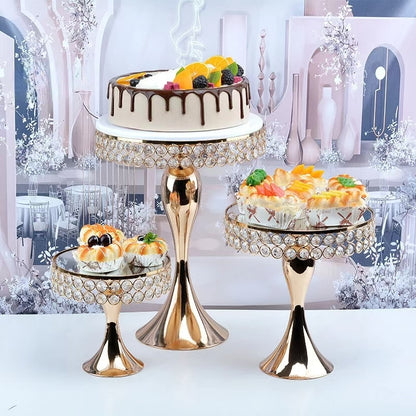 3-Piece gold cake stands with stainless steel mirror tops in different sizes