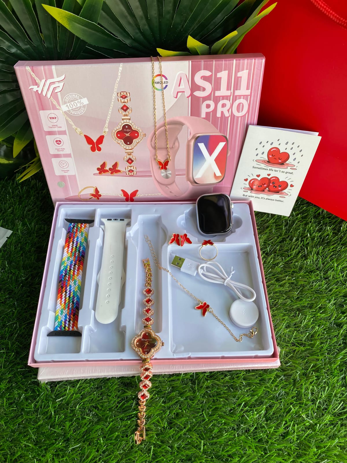 Valentines ladies smartwatch gift set with large AMOLED display, jewelry set, extra straps, magnetic charger, gift card, and gift bag