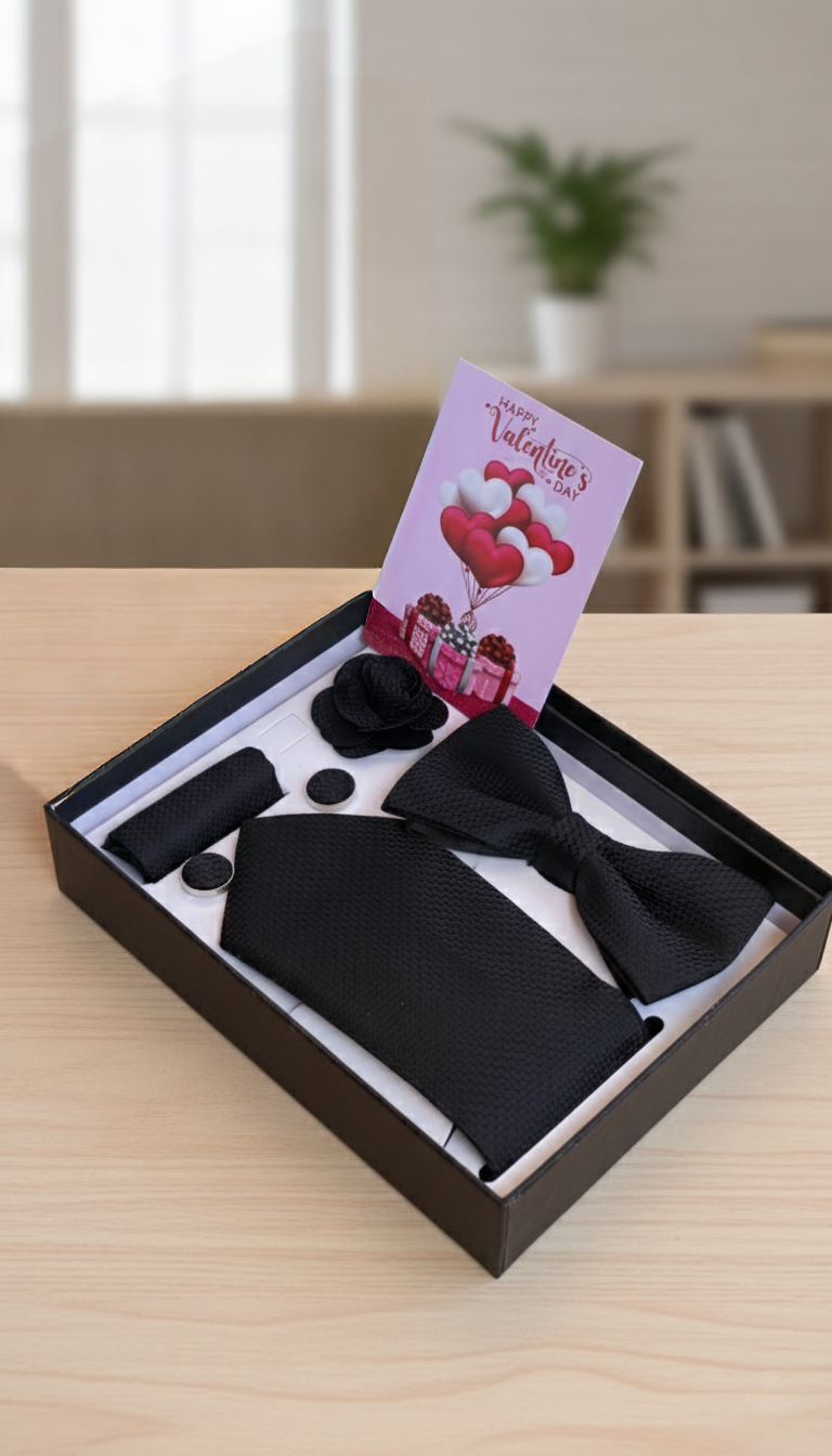 Men Valentine tie set gift pack with tie, bow tie, handkerchief, cufflinks, boutonnière, card, and gift bag.