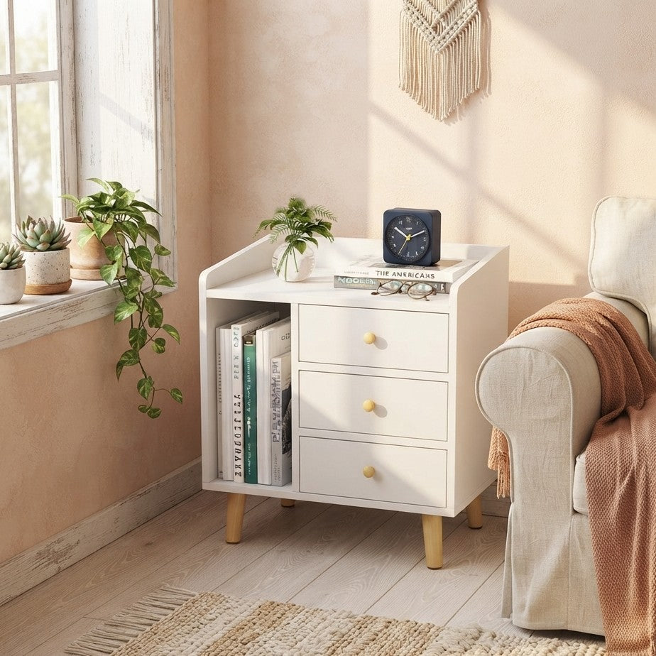 White Bedside Table with 3 Drawers and Open Shelf
