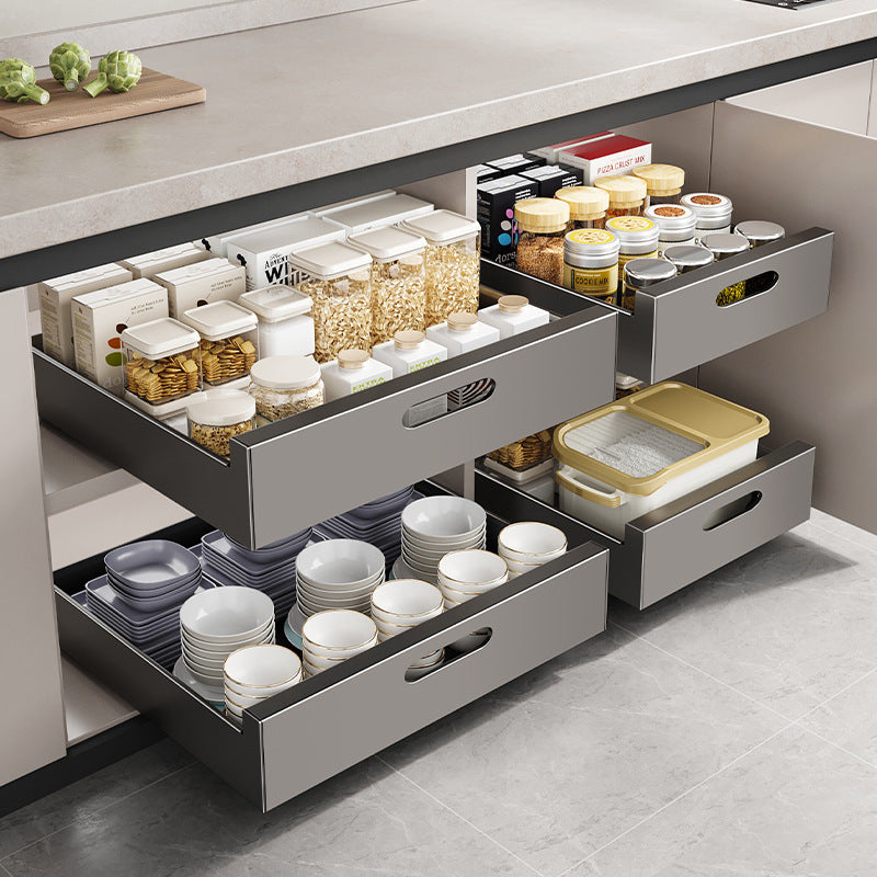 Grey pull out cabinet organizer with sliding carbon steel storage rack for kitchen drawers and cabinets. 