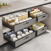 Grey pull out cabinet organizer with sliding carbon steel storage rack for kitchen drawers and cabinets. 