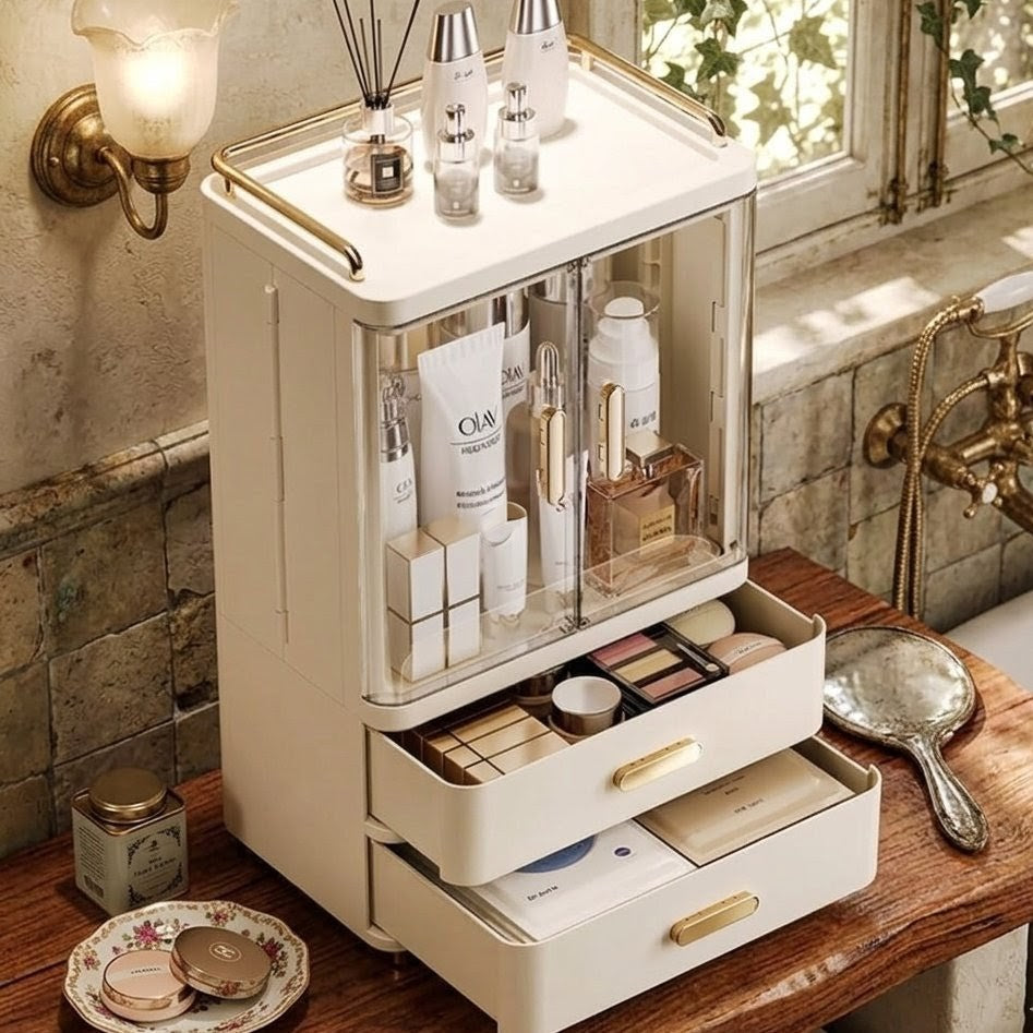Dust-proof acrylic cosmetic storage cabinet with double doors and drawers for organized makeup and skincare storage. 