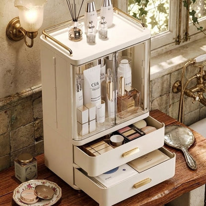 Dust-proof acrylic cosmetic storage cabinet with double doors and drawers for organized makeup and skincare storage. 