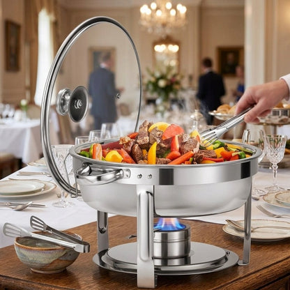 Stainless steel food warmer with glass lid and serving tongs, 5L buffet serving dish. 