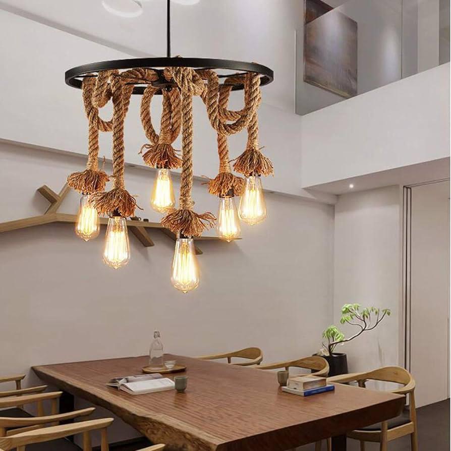 Rustic iron and rope pendant light hanging lamp for kitchen or dining room interior