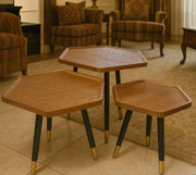 3-Piece hexagonal nesting table stools with MDF top and black metal legs with gold accents