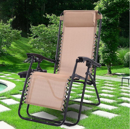 Outdoor zero gravity reclining chair with adjustable backrest, removable pillow, and cup holder in brown, grey, and turquoise blue