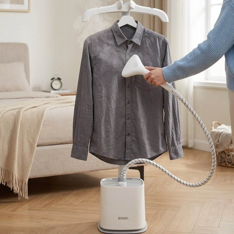 1800W standing garment steamer with ironing board and 1.8L water tank for wrinkle removal. 👔✨