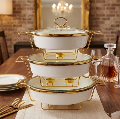 3-Piece ceramic chafing dish set with capacities 3L, 2.5L, and 1.8L for serving and warming food