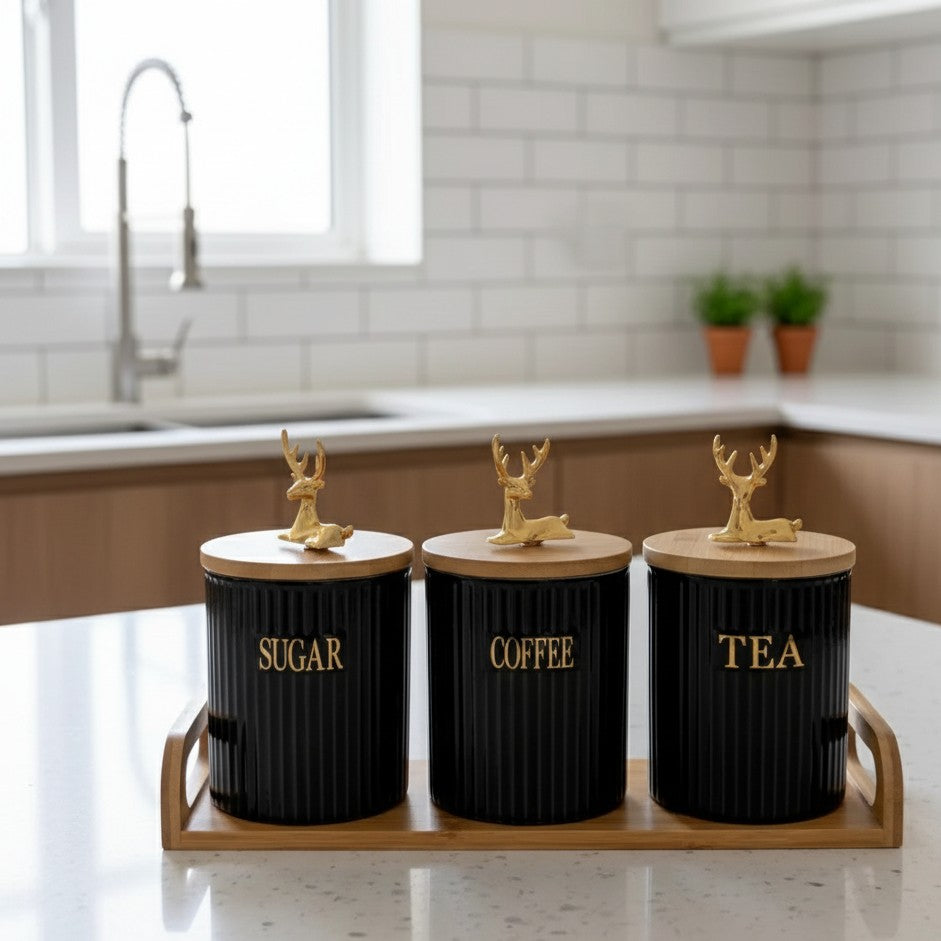 3Pcs Ribbed Canister Set With Bamboo Lid