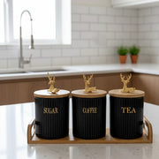 3Pcs Ribbed Canister Set With Bamboo Lid