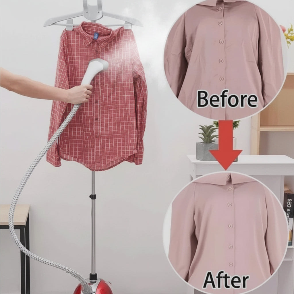 1800W garment steamer with 1.6 litre water tank continuous steam fabric care appliance for clothing curtains upholstery home boutique and laundry room use.