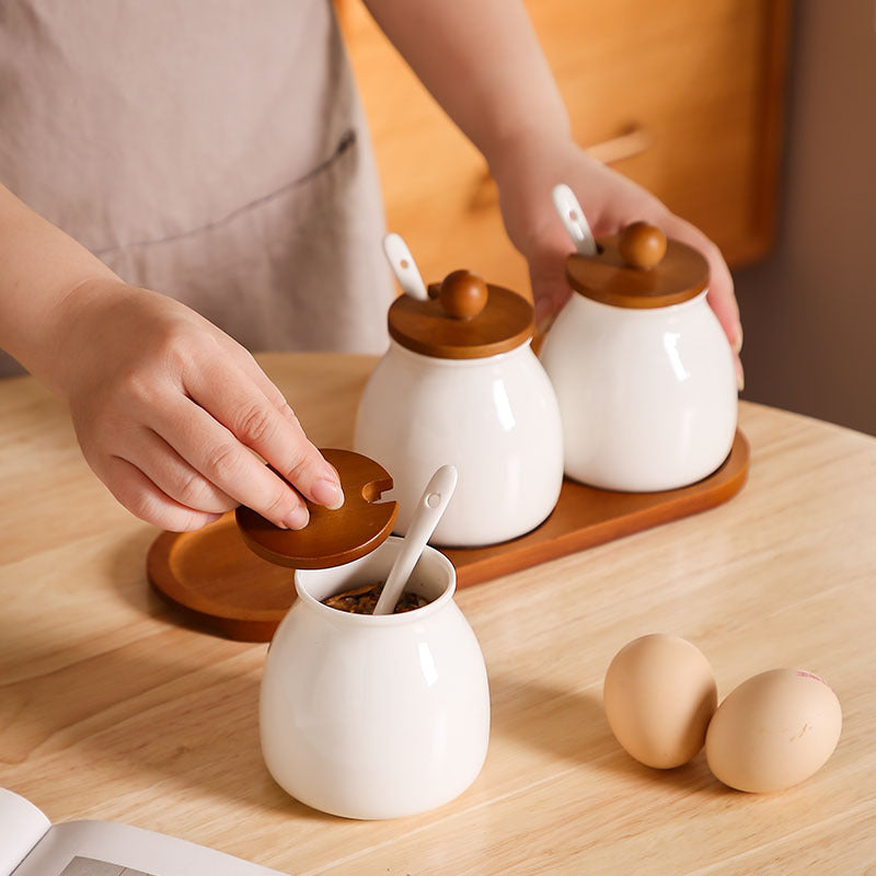 3Piece Ceramic Canister Set with Bamboo Base