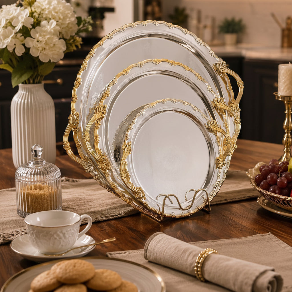 3 Piece Round Gold Plated Serving Tray Set 30cm, 35cm and 40cm