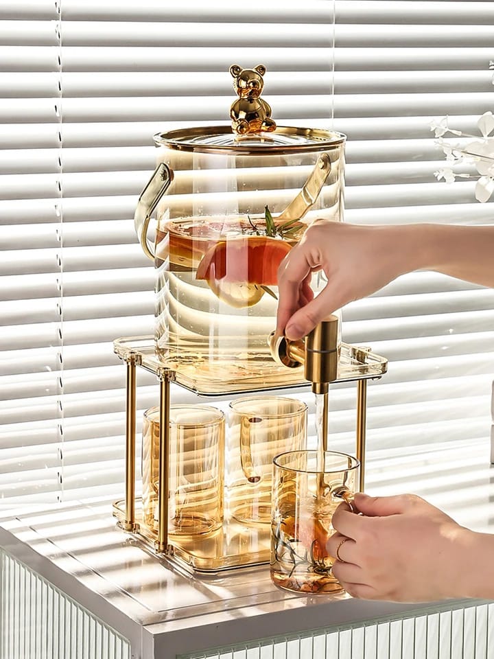 3.6L Glass Cold Water Jug With Faucet And 4 Mugs