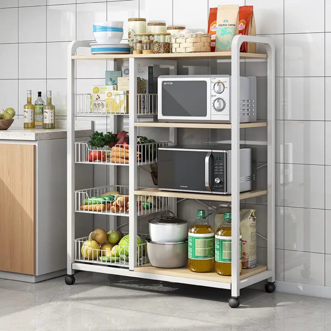 Multifunctional Metallic Kitchen Rack with Lockable Wheels