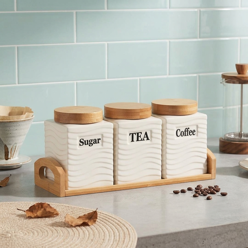 Square ceramic luxury canister 550ml for tea and sugar storage with modern kitchen design