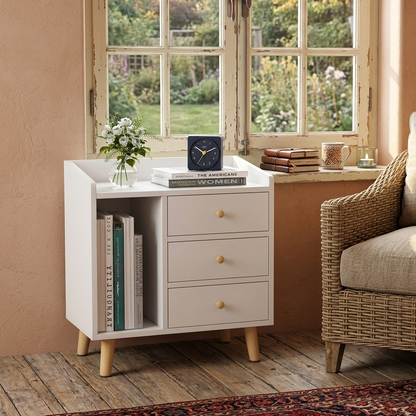 Multifunctional Wooden Bedside Table with 3 Drawers and Vertical Grid Storage
