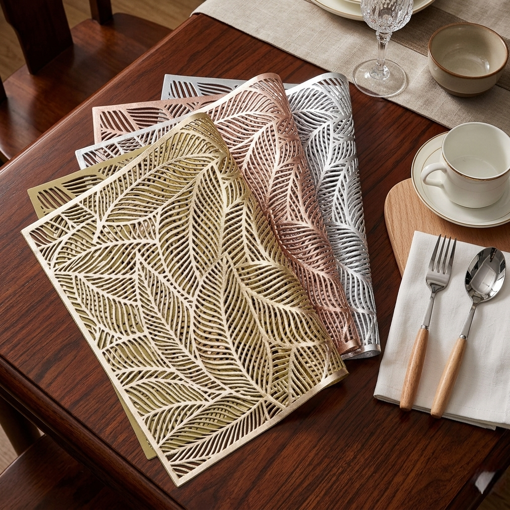 Nordic metallic rectangle leaf table mats in gold silver and rose gold for elegant dining table décor