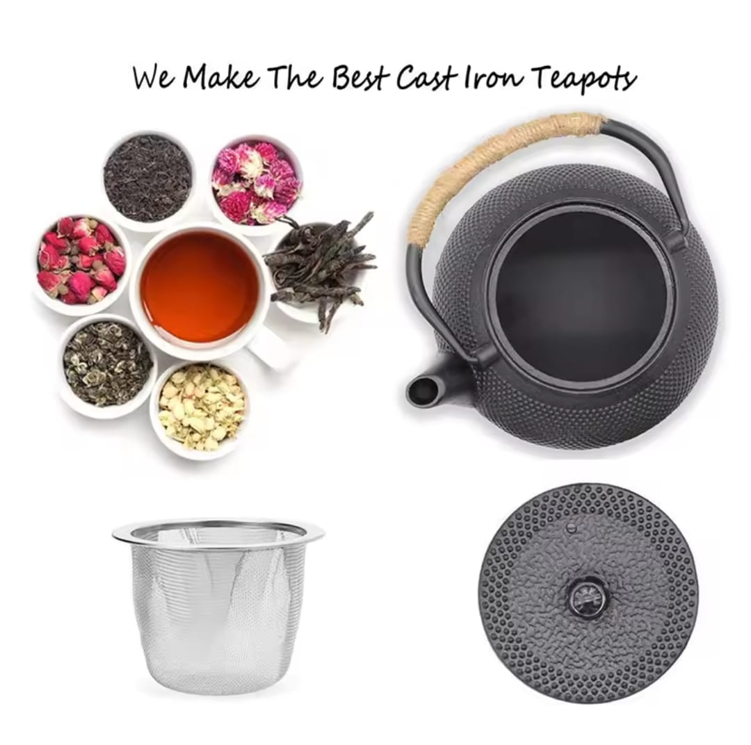 Cast iron tea pot with infuser, cast iron coaster and spoon