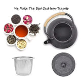 Cast iron tea pot with infuser, cast iron coaster and spoon