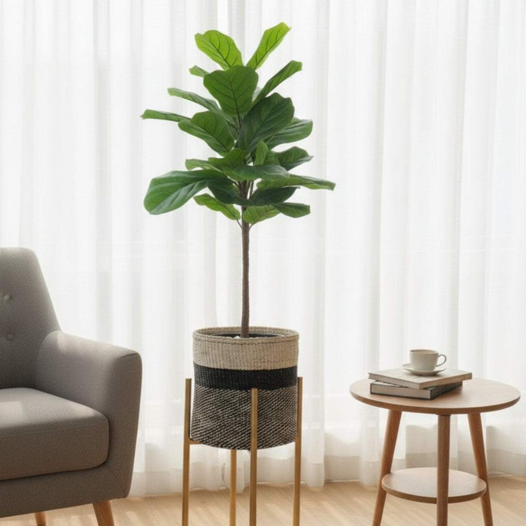 Artificial Palm Tree with Woven Basket, Metallic Stand, and Pebbles