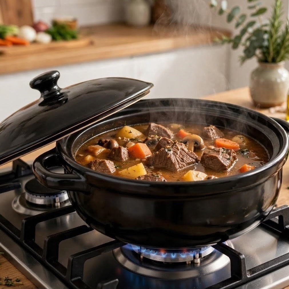 6 litre Hanbao hardened ceramic cooking pot designed for heat retention, cooking, and stove to table serving, with 800°C to -20°C temperature resistance.