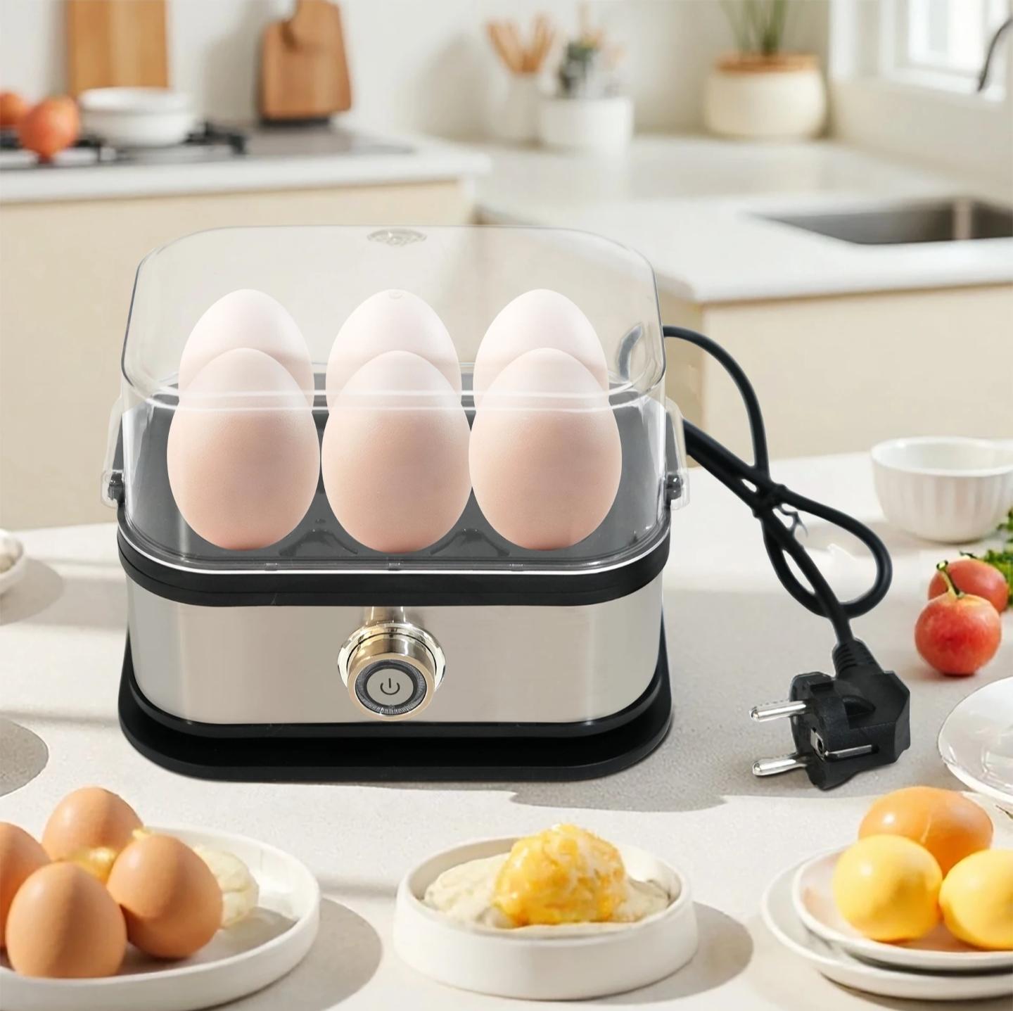 Compact energy-saving electric egg boiler with 6 egg capacity and 200W power.