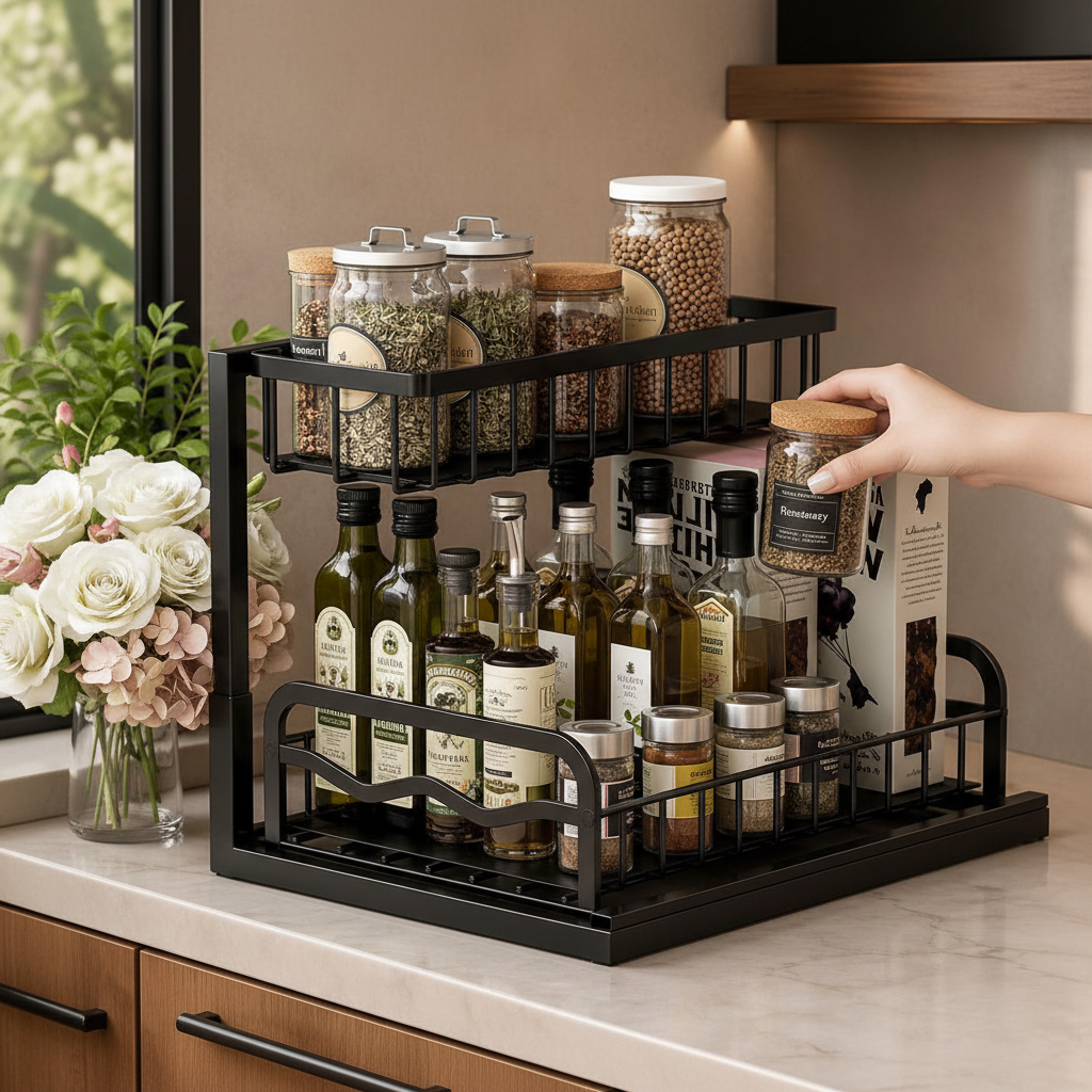 2 tier heavy duty non rust cabinet spice rack organizer for kitchen spices and condiments