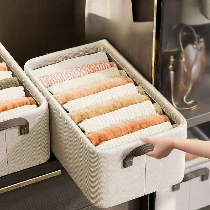 Foldable multipurpose fabric storage organizer for clothes, jeans, and household items with handles and breathable design