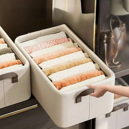 Foldable multipurpose fabric storage organizer for clothes, jeans, and household items with handles and breathable design