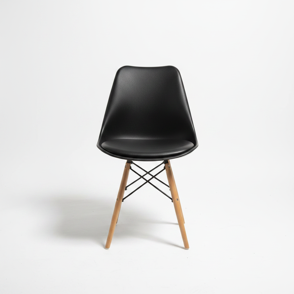 Black padded Eames chair with cushioned seat and modern design for dining, office, and home seating use