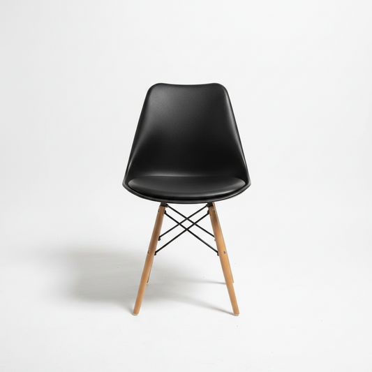 Black padded Eames chair with cushioned seat and modern design for dining, office, and home seating use