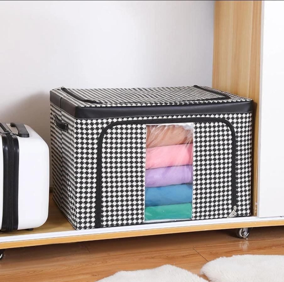 Checked multipurpose storage box with Oxford fabric and steel frame, foldable waterproof organizer 60 by 40 by 40 cm