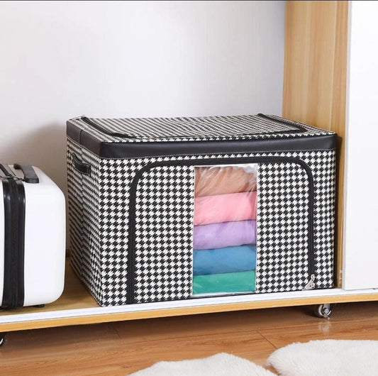 Checked multipurpose storage box with Oxford fabric and steel frame, foldable waterproof organizer 60 by 40 by 40 cm